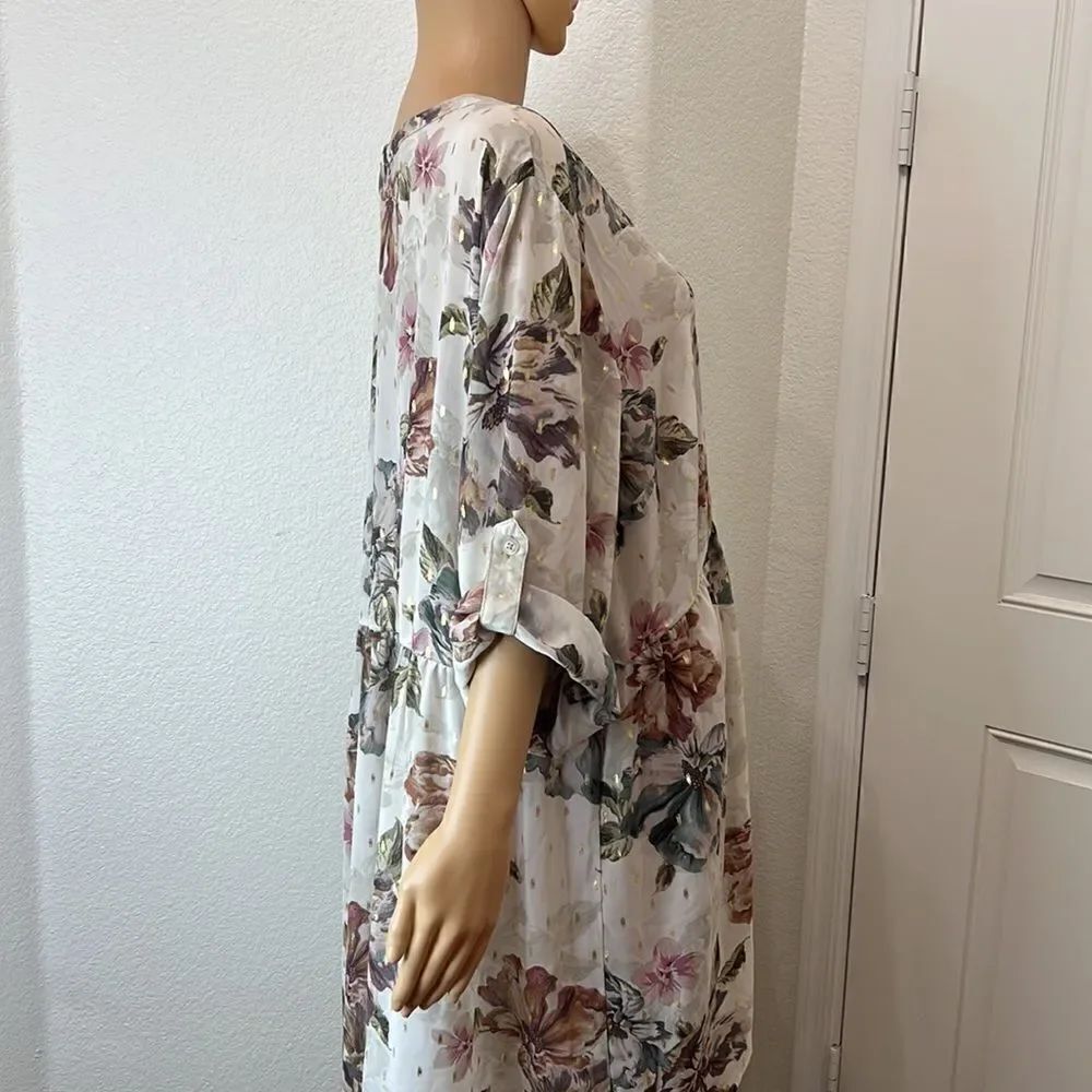 Torrid Sz 4 Tunic Top V Neck 3/4 Roll Up Sleeve High Low Floral Sheer Cover Up - Picture 3 of 10
